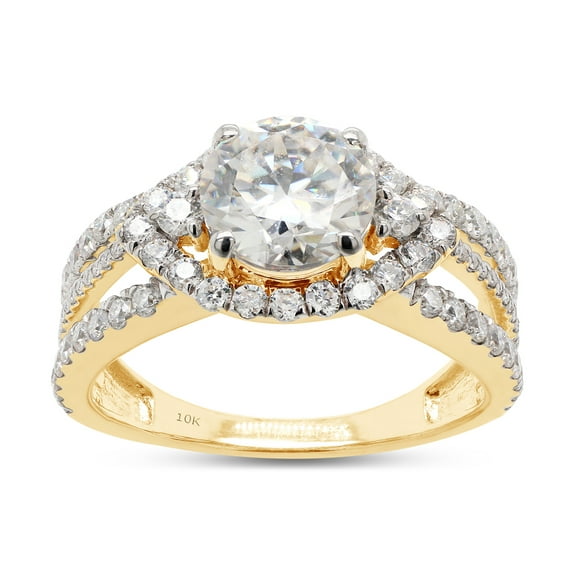 AFFY 2 Carat 7MM Round Moissanite Diamond Halo Split Shank Engagement Ring for Women 10K Yellow Gold-8.5