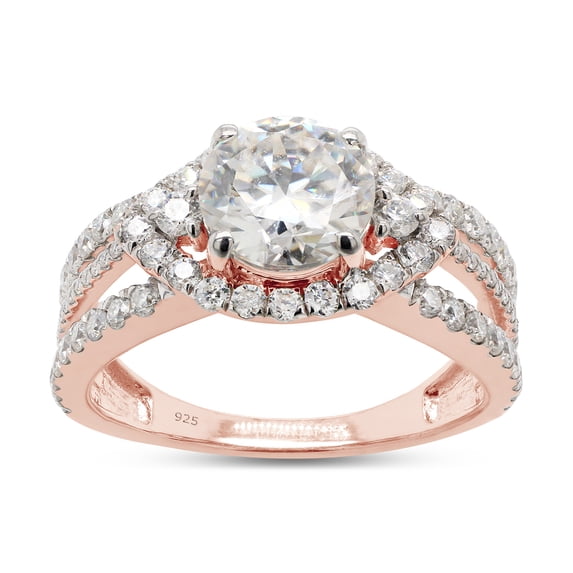 2 Carat Center 7MM Round Cut Lab Created Moissanite Diamond Halo Split Shank Engagement Ring For Women In 14K Rose Gold Over Sterling Silver (G-H Color, VVS1 Clarity, 2 Cttw)-4