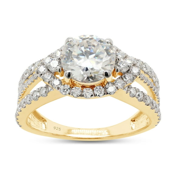 2 Carat Center 7MM Round Cut Lab Created Moissanite Diamond Halo Split Shank Engagement Ring For Women In 14K Yellow Gold Over Sterling Silver (G-H Color, VVS1 Clarity, 2 Cttw)-4