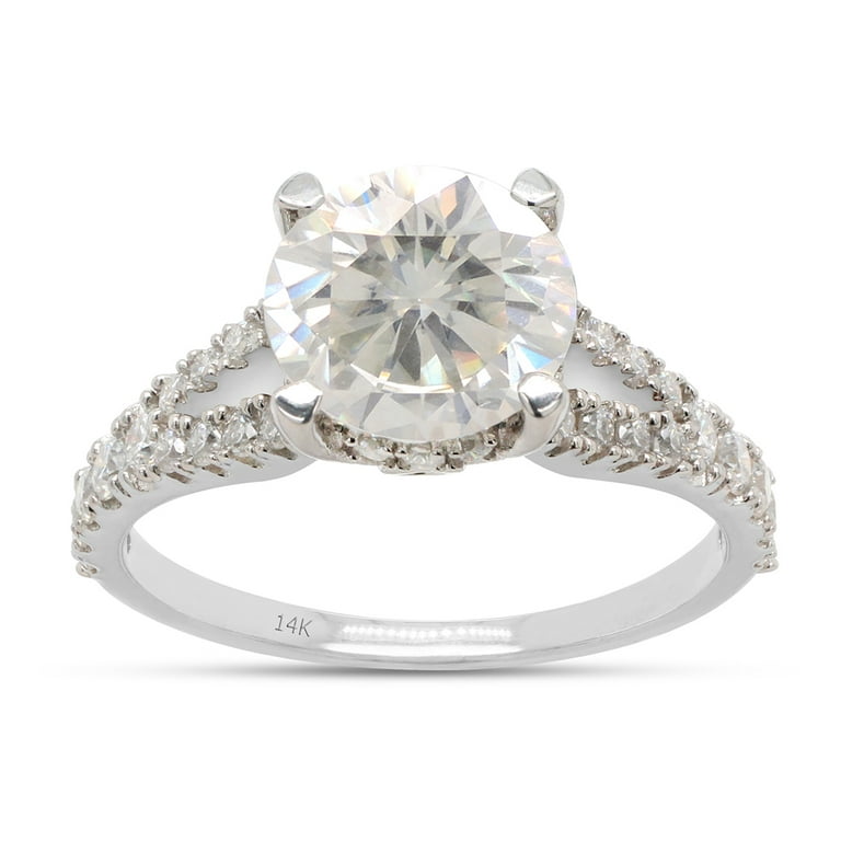 2 Carat Center 8MM Round Cut Lab Created Moissanite Diamond Split Shank Solitaire Engagement Ring For Women In 14K Solid White Gold G H Color VVS1