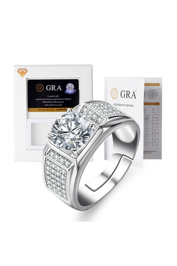 2 Carat Color D VVS1 Moissanite Ring for Men 18k White Gold Over Silver Jewelry with Adjustable Open Wedding Promise Rings for Him