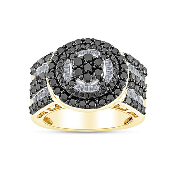 2 Carat (Cttw) Black And White Natural Diamond Circle Frame Cluster Engagement Ring In 14K Yellow Gold Over Sterling Silver (2 Cttw, I2-I3 Clarity)