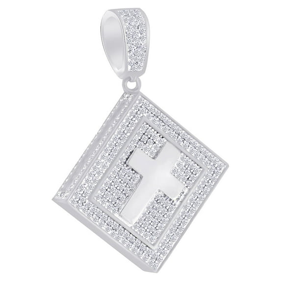 AFFY 2 Carat (Ctw) Round White Natural Diamond Iced Out Hip Hop Jewelry Square Cross Pendant 10k Solid White Gold