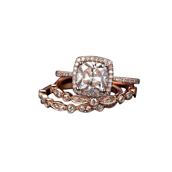 2 Carat Cushion Moissanite and Diamond Trio Wedding Set in Rose Gold