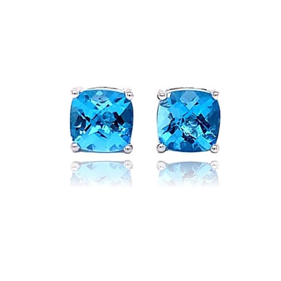 2 Carat Cushion Shape Simulated Blue Topaz Prong Set Wedding Engagement Stud Earrings with Push Back In 14K White Gold Plated 925 Sterling Silver Gift for Womens (6 MM)