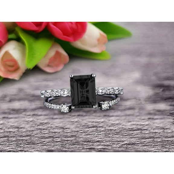 2 Carat Emerald Cut 10k White Gold Black Diamond Moissanite Engagement Ring Bridal Set
