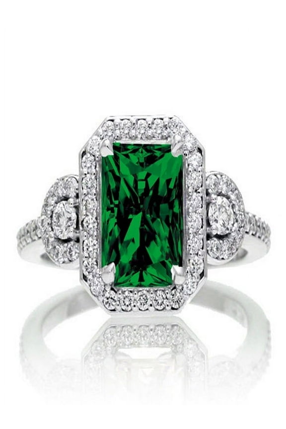 2 Carat Emerald Cut Emerald and White Diamond Halo Engagement Ring on 10k White Gold