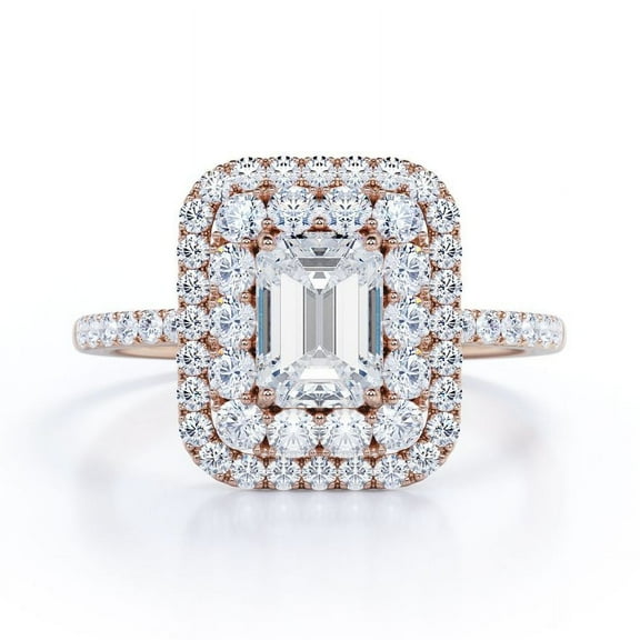 JeenMata 1.5 Carat Emerald Cut Moissanite Engagement Ring - Bridal Ring - Double Halo Ring - Cluster Ring - 18k Rose Gold Plating for Women