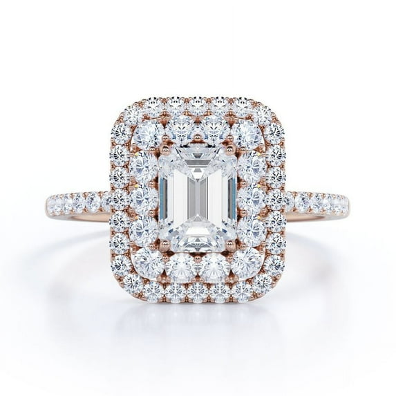 JeenMata 1.5 Carat Emerald Cut Moissanite Engagement Ring - Bridal Ring - Double Halo Ring - Cluster Ring - 18k Rose Gold Plating for Women