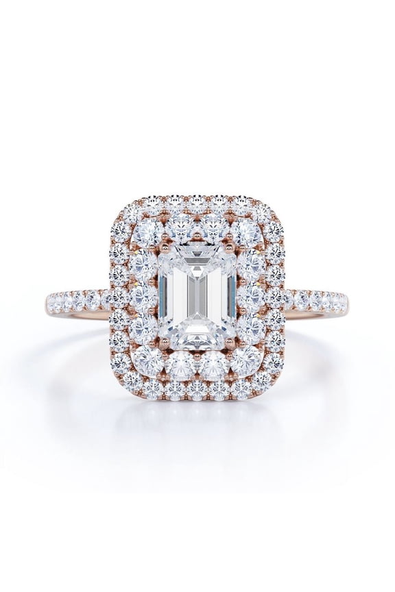 1.5 Carat Emerald Cut Moissanite Engagement Ring - Bridal Ring - Double Halo Ring - Cluster Ring - 18k Rose Gold Plating for Women