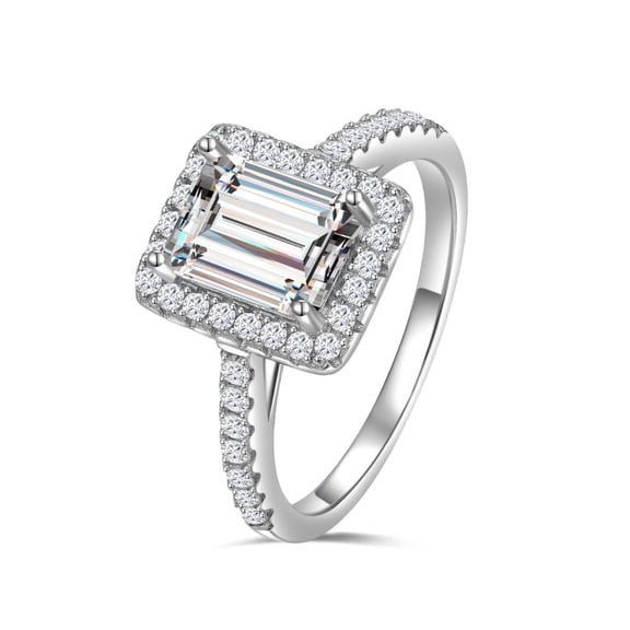 KIJ 2 Carat Emerald Cut Moissanite Engagement Halo Ring Wedding 14K White Gold Plated 925 Sterling Silver for Women