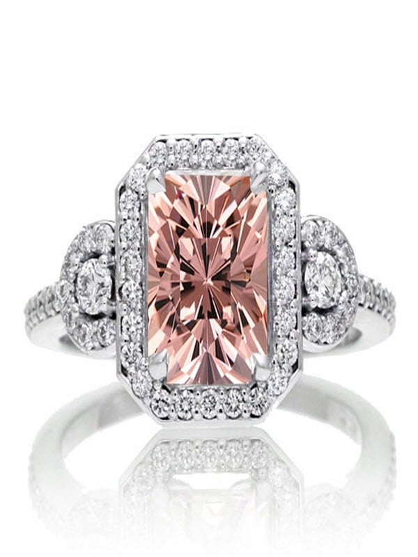 2 Carat Emerald Cut Morganite and White Diamond Halo Engagement Ring on ...