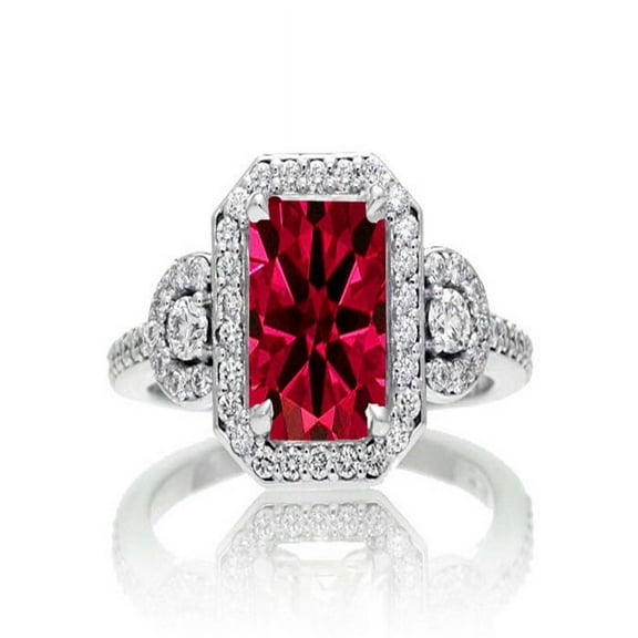 2 Carat Emerald Cut Ruby and White Diamond Halo Engagement Ring on 10k White Gold
