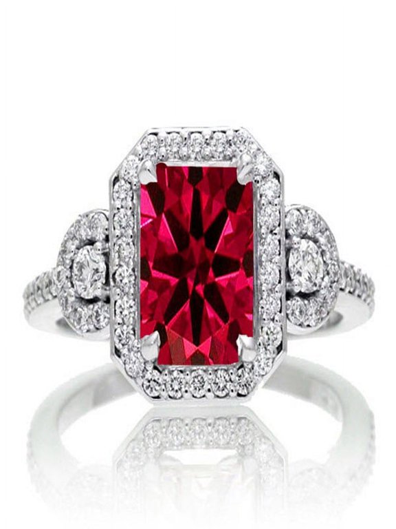 2 Carat Emerald Cut Ruby and White Diamond Halo Engagement Ring on 10k White Gold