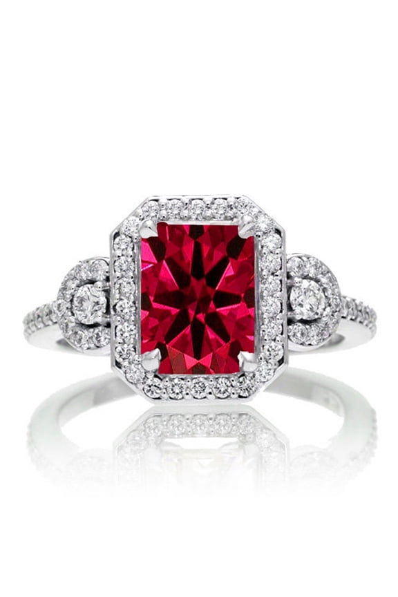 2 Carat Emerald Cut Ruby and White Diamond Halo Engagement Ring on 10k White Gold