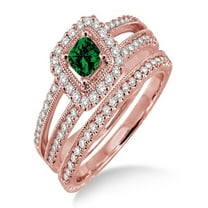 2 Carat Emerald & Diamond Antique Bridal set Halo Ring on 10k Rose Gold