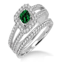 2 Carat Emerald & Diamond Antique Bridal set Halo Ring on 10k White Gold