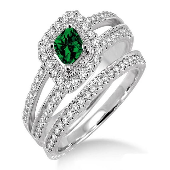 2 Carat Emerald & Diamond Antique Bridal set Halo Ring on 10k White Gold