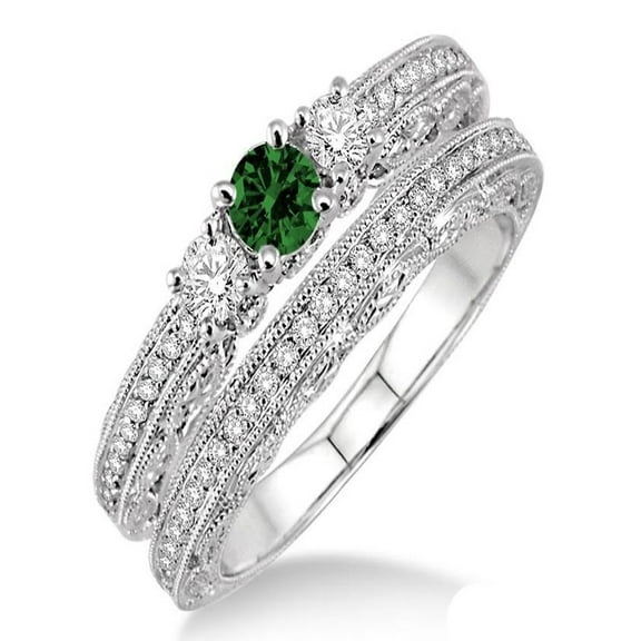 2 Carat Emerald & Diamond Antique Bridal set on 10k White Gold