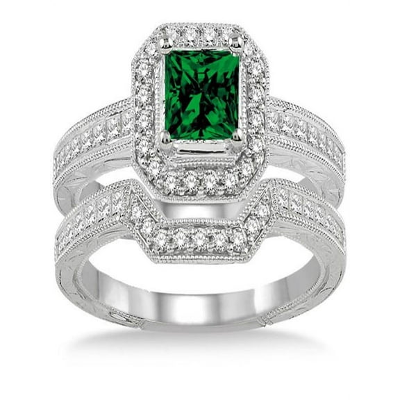 2 Carat Emerald & Diamond Antique Halo Bridal set on 10k White Gold