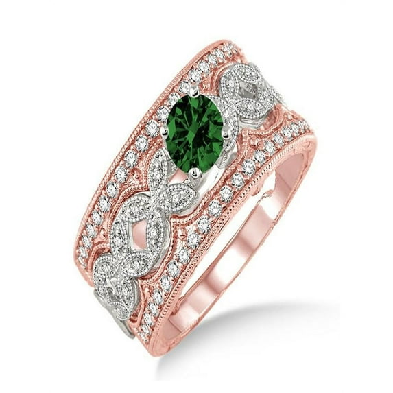 2 Carat Emerald & Diamond Antique Trio Bridal Set Engagement Ring on 10k White Gold