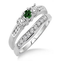 2 Carat Emerald & Diamond Elegant Three Stone Trilogy Round Cut Bridal set on 10k White Gold