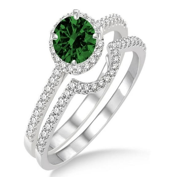 2 Carat Emerald & Diamond Halo Bridal Set Engagement Ring on 10k White Gold