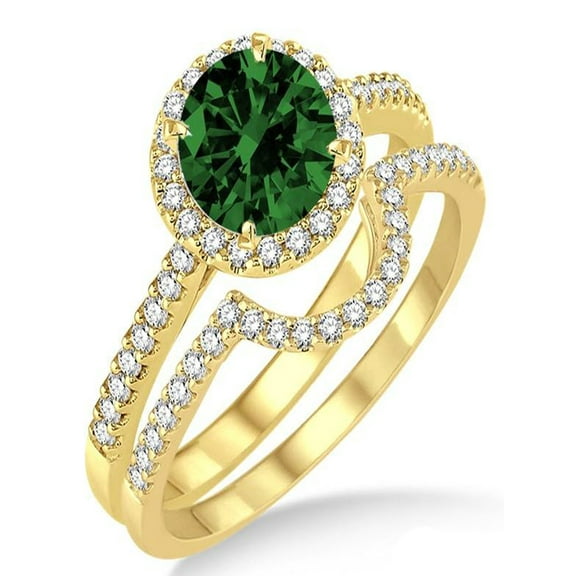 2 Carat Emerald & Diamond Halo Bridal Set Engagement Ring on 10k Yellow Gold