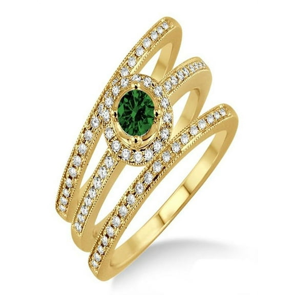 2 Carat Emerald & Diamond Trio set Halo Ring on 10k Yellow Gold