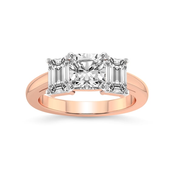 IGI Certified 2 Carat Cushion Shape Lab Grown Diamond Engagement Ring | 14K Rose Gold | Lauren Three stone Emerald Shape Side Lab Diamond Ring | FG-VS1-VS2 Quality Friendly Diamonds