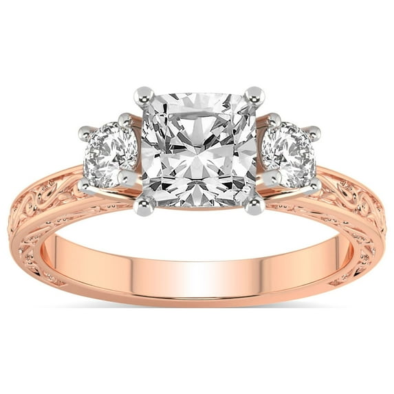 IGI Certified 2 Carat Cushion Shape Lab Grown Diamond Engagement Ring | 14K Rose Gold | Valencia Three Stone Vintage Diamond Ring | FG-VS1-VS2 Quality Friendly Diamonds