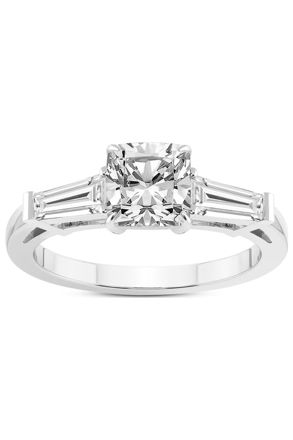 2 Carat IGI Certified Cushion Shape Lab Grown Diamond Engagement Ring | 14K White Gold | Madison Three Stone Side Baguette Diamond Lab Diamond Ring | FG-VS1-VS2 Quality Friendly Diamonds