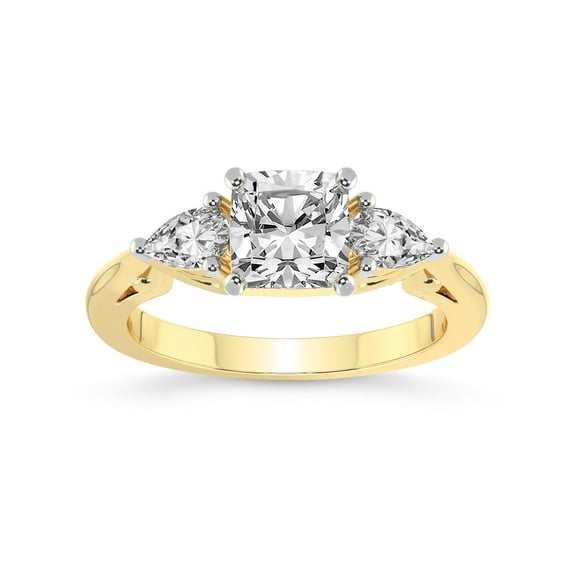 2 Carat IGI Certified Cushion Shape Lab Grown Diamond Engagement Ring | 14K Yellow Gold | Leona Three stone Side Pear Shape Lab Diamond Ring | FG-VS1-VS2 Quality Friendly Diamonds