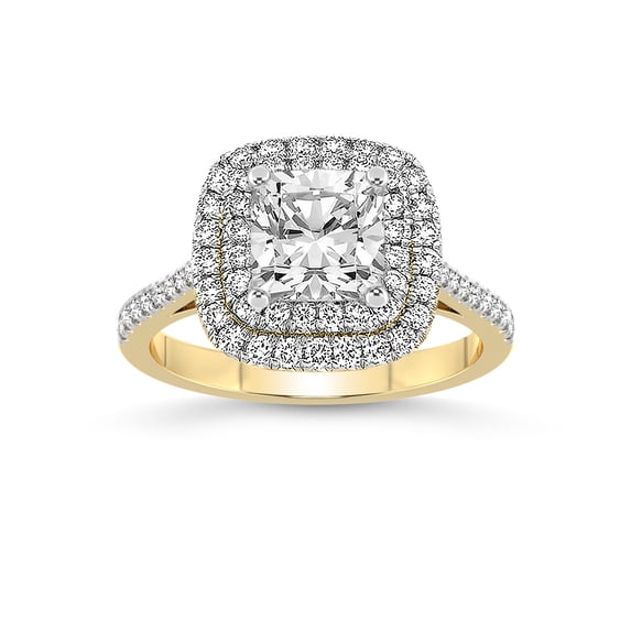 2 Carat | IGI Certified Cushion Shape Lab Grown Diamond Engagement Ring For Women | 14K Yellow Gold | Lab Created Arya Double Halo Diamond Engagement Ring | FG-VS1-VS2 Quality