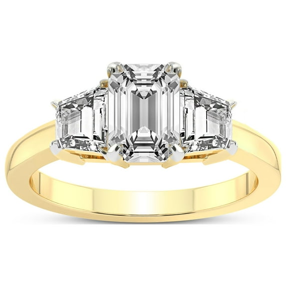 2 Carat IGI Certified Emerald Shape Lab Grown Diamond Engagement Ring | 14K Yellow Gold |Dianna Three Stone Side Trapezium Diamond Ring | FG-VS1-VS2 Quality Friendly Diamonds