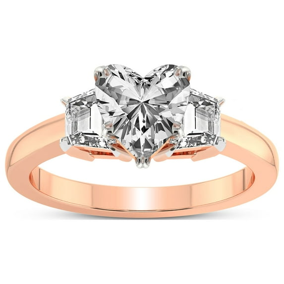 2 Carat IGI Certified Heart Shape Lab Grown Diamond Engagement Ring | 14K Rose Gold |Dianna Three Stone Side Trapezium Diamond Ring | FG-VS1-VS2 Quality Friendly Diamonds