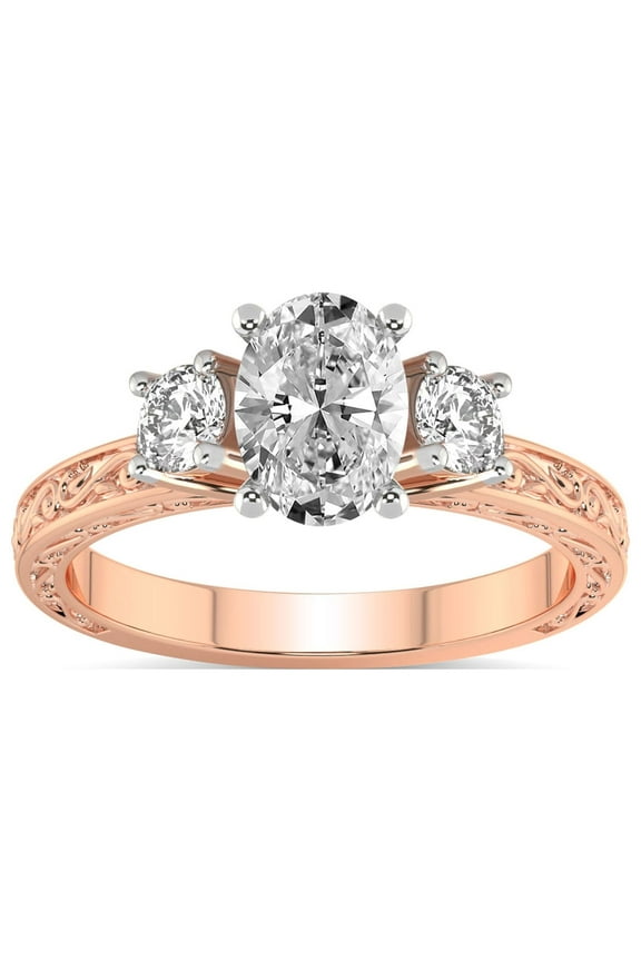 IGI Certified 2 Carat Oval Shape Lab Grown Diamond Engagement Ring | 14K Rose Gold | Valencia Three Stone Vintage Diamond Ring | FG-VS1-VS2 Quality Friendly Diamonds