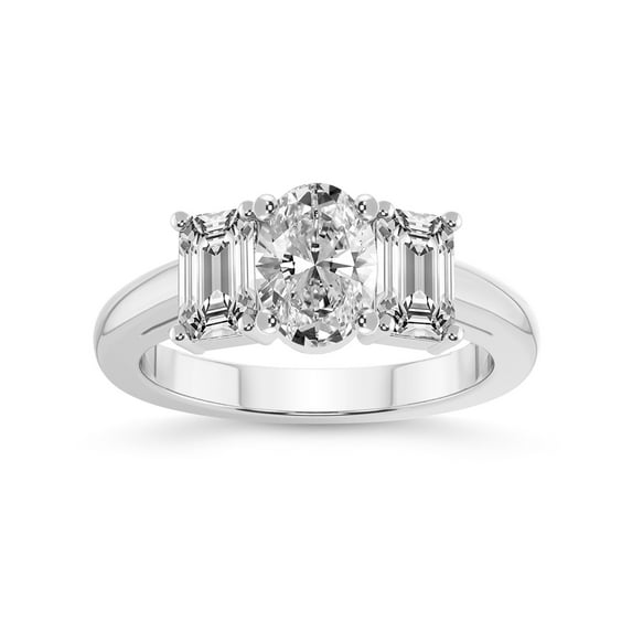 IGI Certified 2 Carat Oval Shape Lab Grown Diamond Engagement Ring | 14K White Gold | Lauren Three stone Emerald Shape Side Lab Diamond Ring | FG-VS1-VS2 Quality Friendly Diamonds
