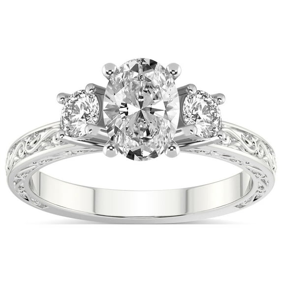 IGI Certified 2 Carat Oval Shape Lab Grown Diamond Engagement Ring | 14K White Gold | Valencia Three Stone Vintage Diamond Ring | FG-VS1-VS2 Quality Friendly Diamonds