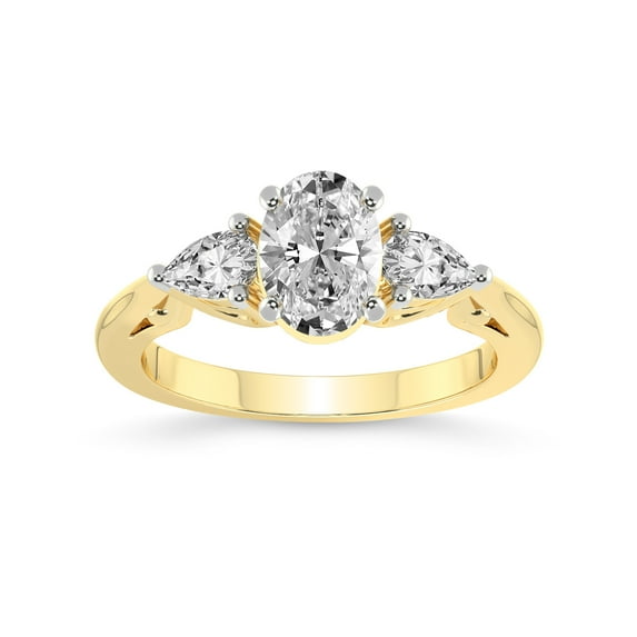 2 Carat IGI Certified Oval Shape Lab Grown Diamond Engagement Ring | 14K Yellow Gold | Leona Three stone Side Pear Shape Lab Diamond Ring | FG-VS1-VS2 Quality Friendly Diamonds