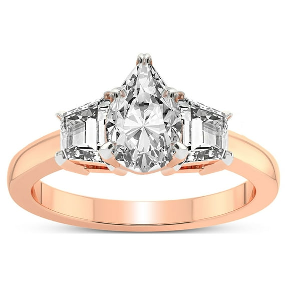 2 Carat IGI Certified Pear Shape Lab Grown Diamond Engagement Ring | 14K Rose Gold |Dianna Three Stone Side Trapezium Diamond Ring | FG-VS1-VS2 Quality Friendly Diamonds