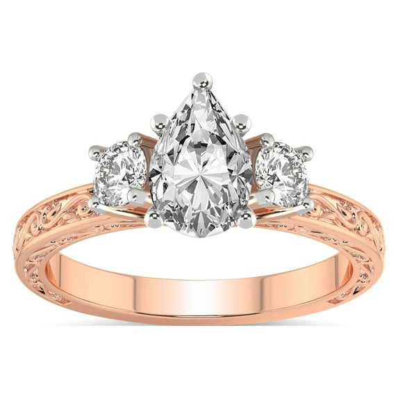 IGI Certified 2 Carat Pear Shape Lab Grown Diamond Engagement Ring | 14K Rose Gold | Valencia Three Stone Vintage Diamond Ring | FG-VS1-VS2 Quality Friendly Diamonds