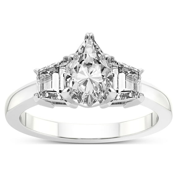 2 Carat IGI Certified Pear Shape Lab Grown Diamond Engagement Ring | 14K White Gold |Dianna Three Stone Side Trapezium Diamond Ring | FG-VS1-VS2 Quality Friendly Diamonds