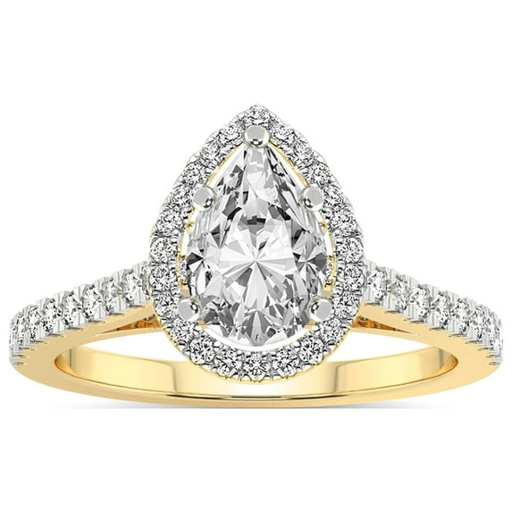 IGI Certified 2 Carat Pear Shape Lab Grown Diamond Engagement Ring | 14K Yellow Gold | Rising Sun Halo Lab Diamond Ring | FG-VS1-VS2 Quality Friendly Diamonds