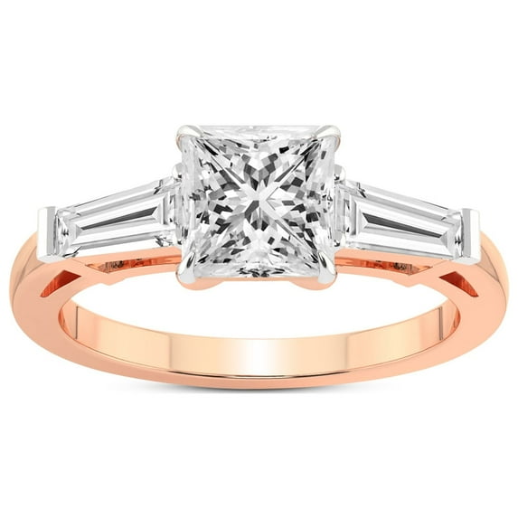 2 Carat IGI Certified Princess Shape Lab Grown Diamond Engagement Ring | 14K Rose Gold | Madison Three Stone Side Baguette Diamond Lab Diamond Ring | FG-VS1-VS2 Quality Friendly Diamonds