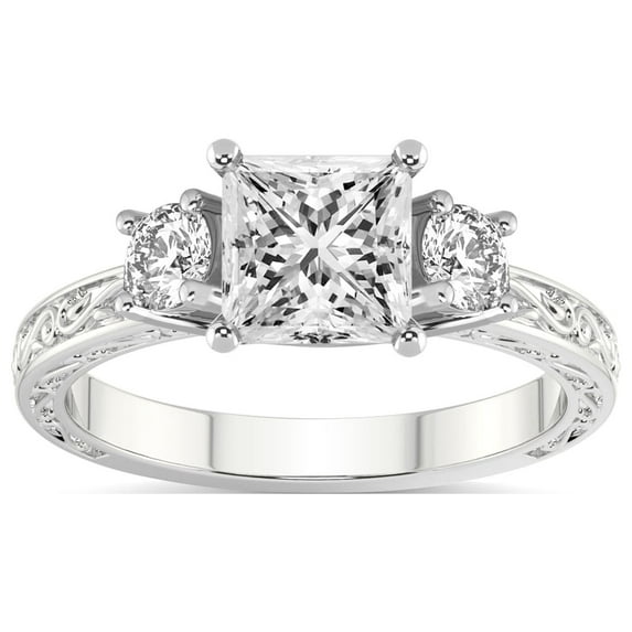 IGI Certified 2 Carat Princess Shape Lab Grown Diamond Engagement Ring | 14K White Gold | Valencia Three Stone Vintage Diamond Ring | FG-VS1-VS2 Quality Friendly Diamonds