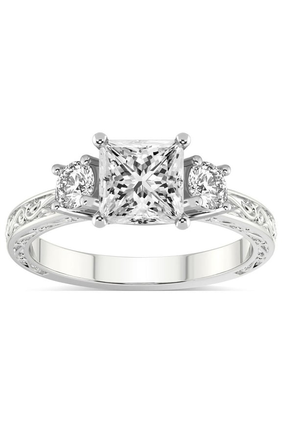 IGI Certified 2 Carat Princess Shape Lab Grown Diamond Engagement Ring | 14K White Gold | Valencia Three Stone Vintage Diamond Ring | FG-VS1-VS2 Quality Friendly Diamonds