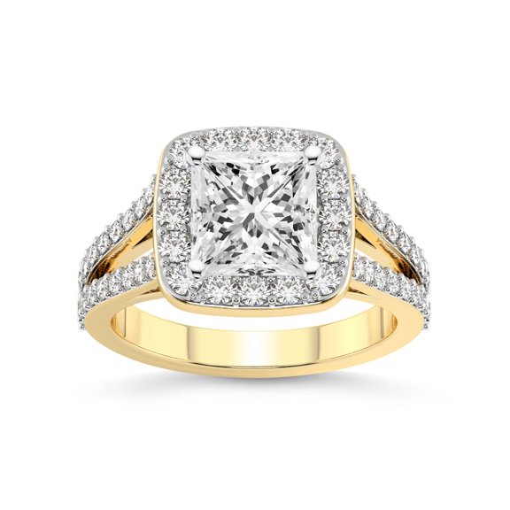 2 Carat IGI Certified Princess Shape Lab Grown Diamond Engagement Ring | 14K Yellow Gold | Rosalind Split Shank Halo Lab Diamond Ring | FG-VS1-VS2 Quality Friendly Diamonds
