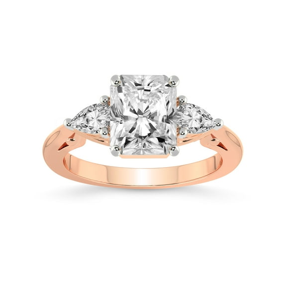2 Carat IGI Certified Radiant Shape Lab Grown Diamond Engagement Ring | 14K Rose Gold | Leona Three stone Side Pear Shape Lab Diamond Ring | FG-VS1-VS2 Quality Friendly Diamonds