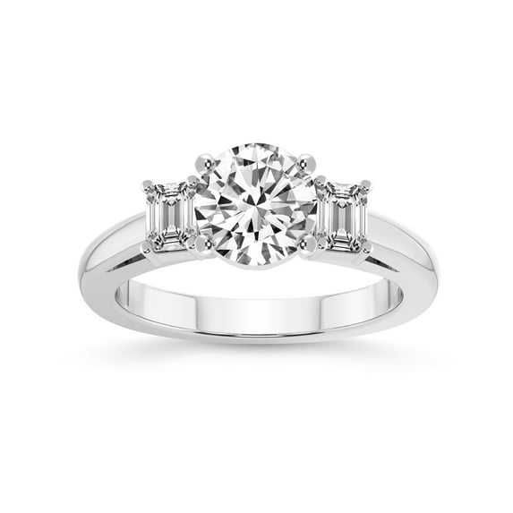 IGI Certified 2 Carat Round Shape Lab Grown Diamond Engagement Ring | 14K White Gold |Denise Three stone Side Emerald Lab Diamond Ring | FG-VS1-VS2 Quality Friendly Diamonds